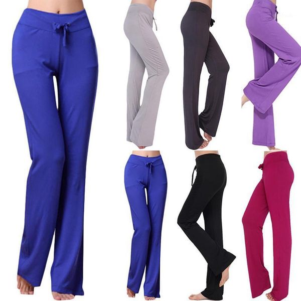 

running pants solid color womens yoga loose stretch flared lace up high waist wide leg long casual baggy comfy sports trousers1, Black;blue