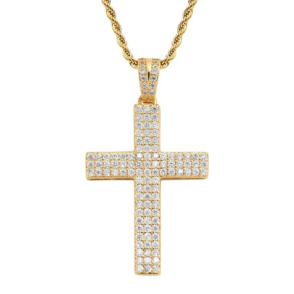 Amarelo banhado a ouro bling cz diamante pedra pingente de cruz com corrente de corda de 24 polegadas para homens mulheres quentes