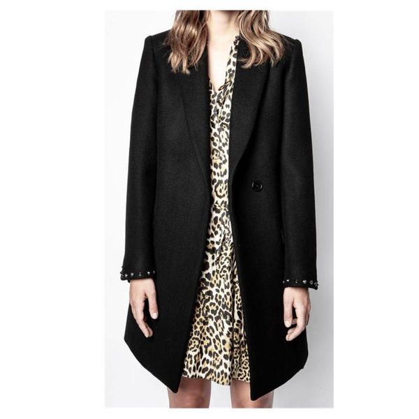 

2021 women coat autumn and winter new heavy industry rivet suit collar loose mid-length coat, Black