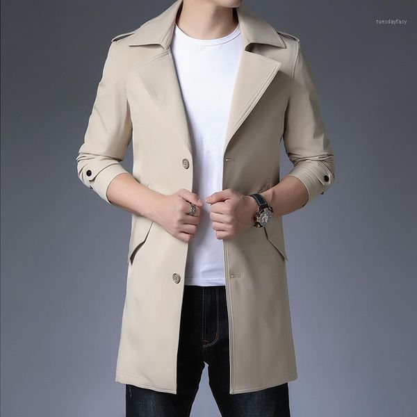 

men's trench coats fall 2021 men's windbreaker medium long fashion british style suit tie belt slim coat thin1, Tan;black