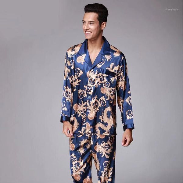 

men silk satin pajamas pyjamas set autumn winter long sleeves long pants pajama men printed pyjamas male newlywed robes pijama1, Black;brown