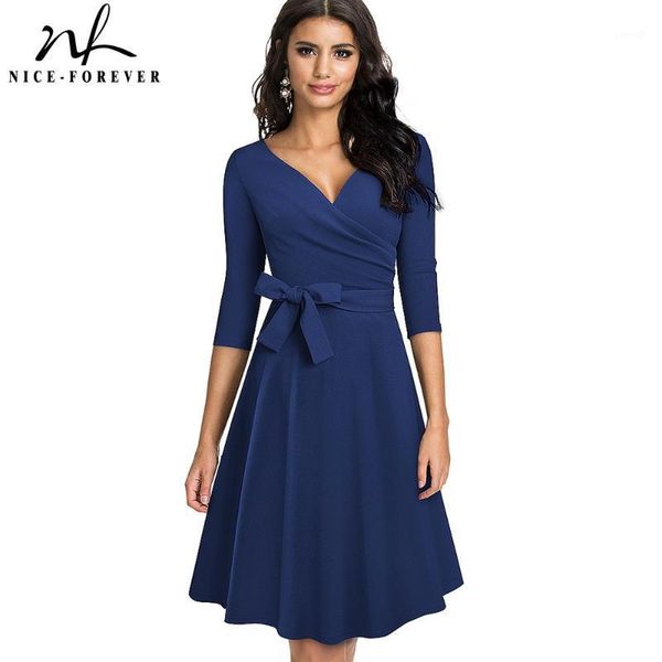 

nice-forever 2021 new spring pure color with sash retro dresses cocktail party flare swing women dress a2401, Black;gray