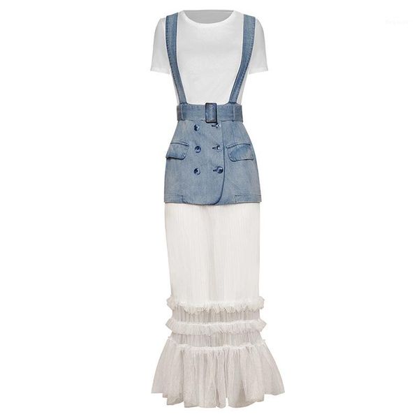 

2020 runway fashion clothing set short sleeved white tshirt slim tight tee + ruffle tulle patchwork denim skirt jeans overalls1