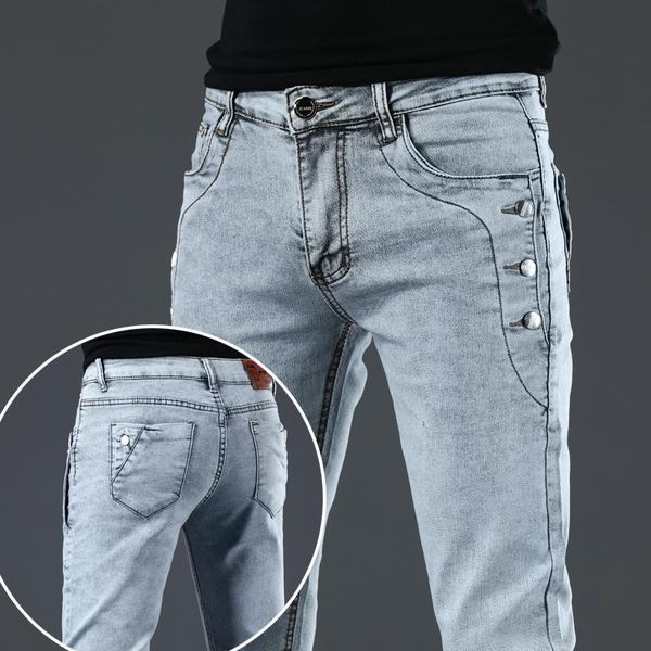

jeans men young 2021 fashion trend korean style high street streetwear skinny slim fit button denim pant male trouser black blue