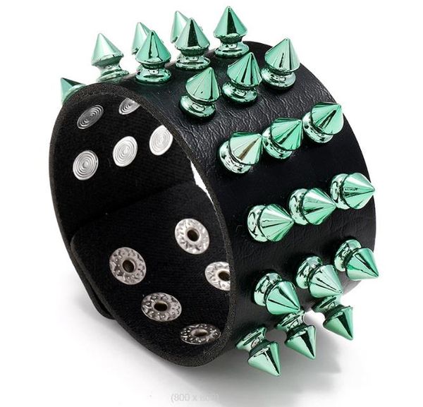 

exaggerated 3 row green rivets men's pu abs iron leather link chain bracelet trendy punk nail imitation cowhide bracelet, Black