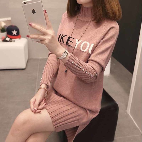

women knit pullover autumn winter clothes half turtleneck long-sleeved bead medium long jumper sweater female, White;black