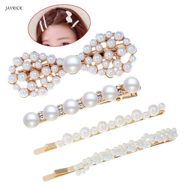 

4 pcs/set new alloy hairpin inlaid artificial pearl hairpin sweet temperament lady clip side clips for women girls, Golden;silver