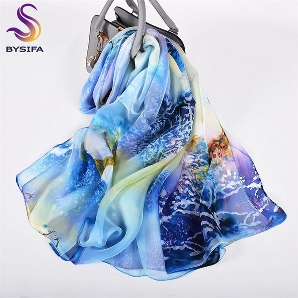 

bysifa] blue pure silk scarf shawl women fashion underwater world design long scarves fall winter scarves y201024, Blue;gray