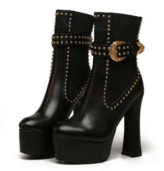 

brand new arrival womens ankle rivet real leather high heel knight winter snow martin boots size 35-41, Black