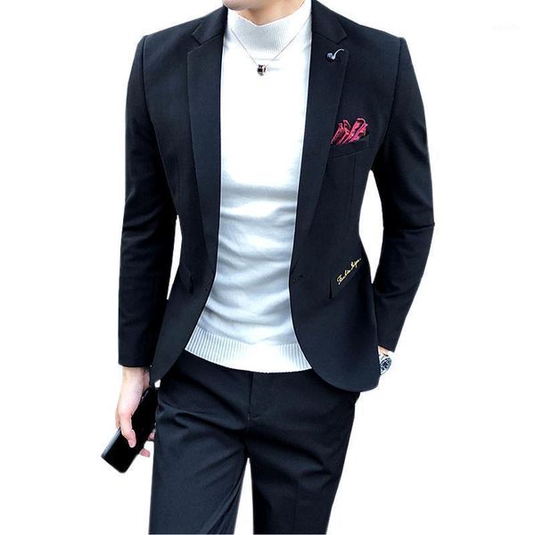 

autumn new mens banquet party dress two-piece set, fashion slim men blazer coat and pants black gray male suit1, White;black