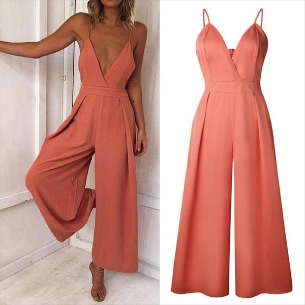 

2018 elegant women ol deep v strap playsuit jumpsuit backless lace up high waist party jumpsuit club formal wide leg pant romper, Gray