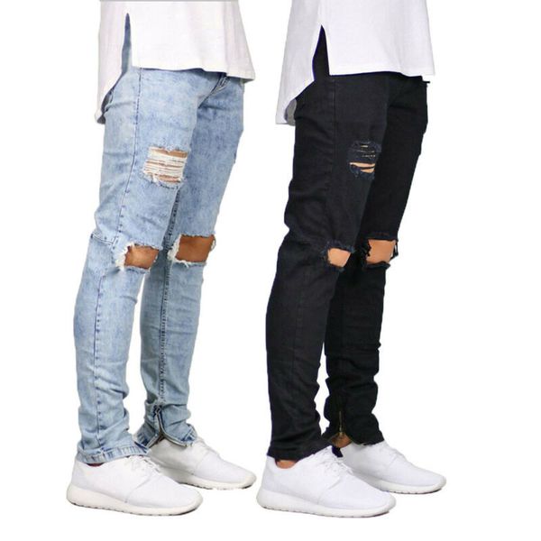 

fashion streetwear men's vintage blue black color ny destroyed ripped broken punk homme hip hop jeans men