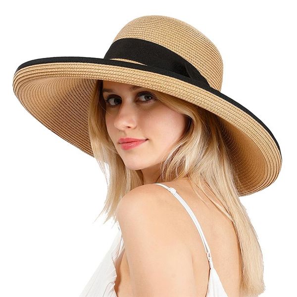 

2021 women's sun straw hat wide brim roll up floppy beach hat with bowknot for summer, Blue;gray