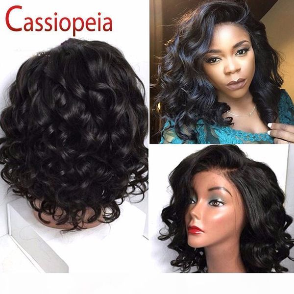 

short wavy bob full lace human hair wigs for black women glueless left side lace front bob body wave virgin malaysian hair wig, Black;brown