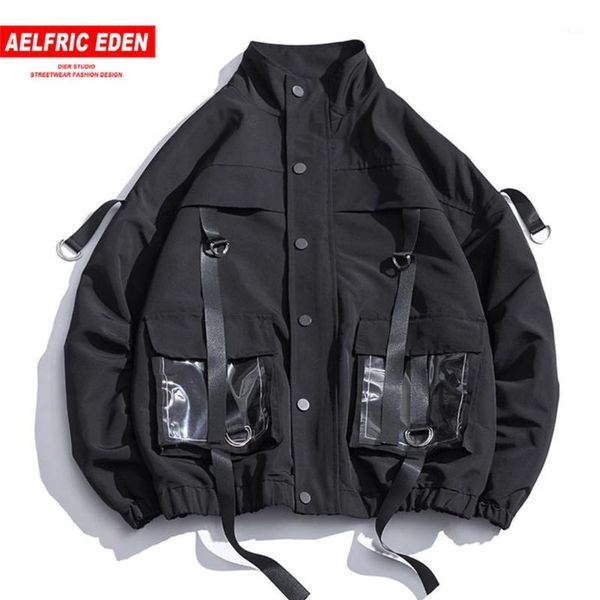 

aelfric eden hip hop solid pockets ribbons mens cargo jackets 2019 autumn harajuku fashion streetwear casual cotton coats1, Black;brown