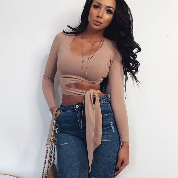 

2020 new womens long sleeve short t-shirts bandage crop ladies fashion summer autumn casual solid cotton