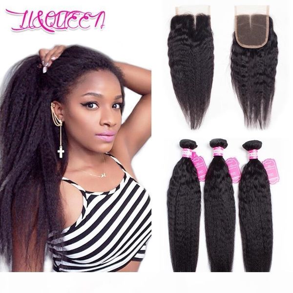

brazilian virgin hair kinky straight bundles with lace unprocessed human hair extensions 3 bundles with 4x4 lace closure, Black;brown