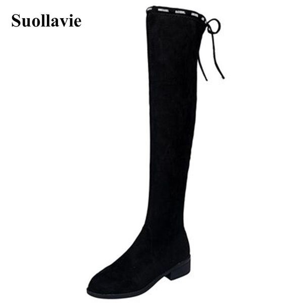 

boots suollavie fashion women stocking round toe high heel 2021 shoes for over-the-knee autumn flock knight botas de mujer, Black
