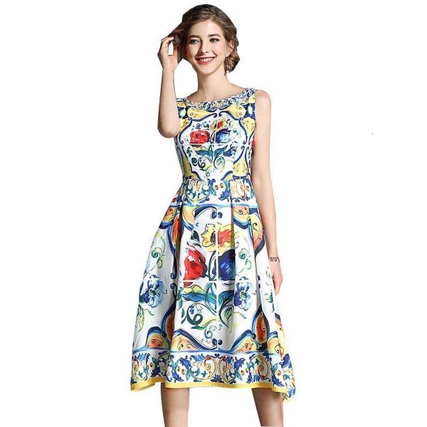 

2021 summer runway print vest women dress fashion new sleeveless a line party knee length dress beach vintage plus size, Black;gray