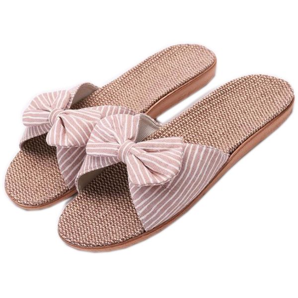 

women cute bow linen slippers ladies striped hemp home slippers indoor comfortable flat shoes woman house slides female sandals, Black