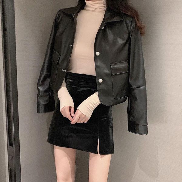 

women's jackets alien kitty all-match 2021 plus size pu leather locomotive elegant autumn stylish slim solid women long sleeves coat, Black;brown