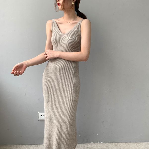 

2020 autumn winter female dress slim casual solid color knit vest dress sling harness sweater dress, Black;gray