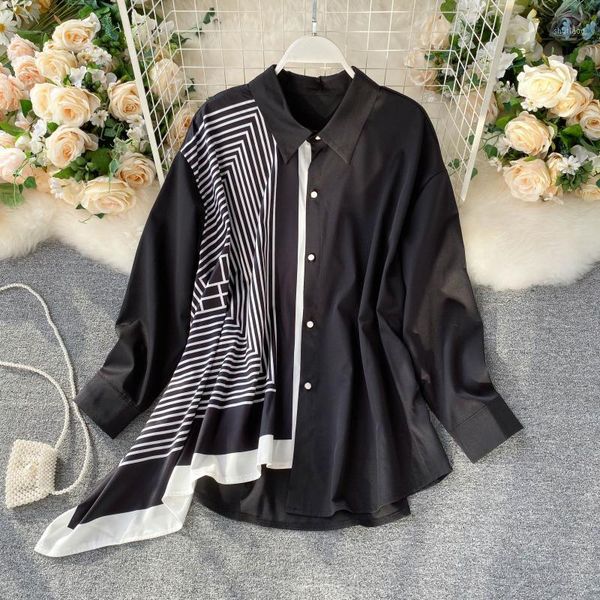 

irregular patchwork shirts women korean fashion single breasted long sleeve blouse loose casual turn down collar blusa1, White