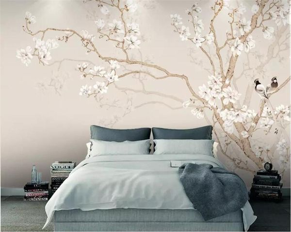 

custom wallpaper 3d large p mural plain magnolia chinese hand painted bird tv background wall painting restaurant wallpaper1