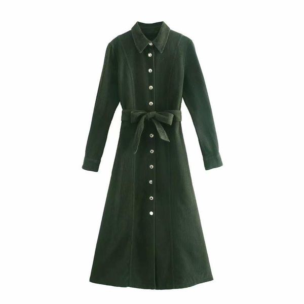

e lady midi dress female chic front metal button autumn dresses vintage corduroy shirt dress women long sleeve belt offic, Black;gray