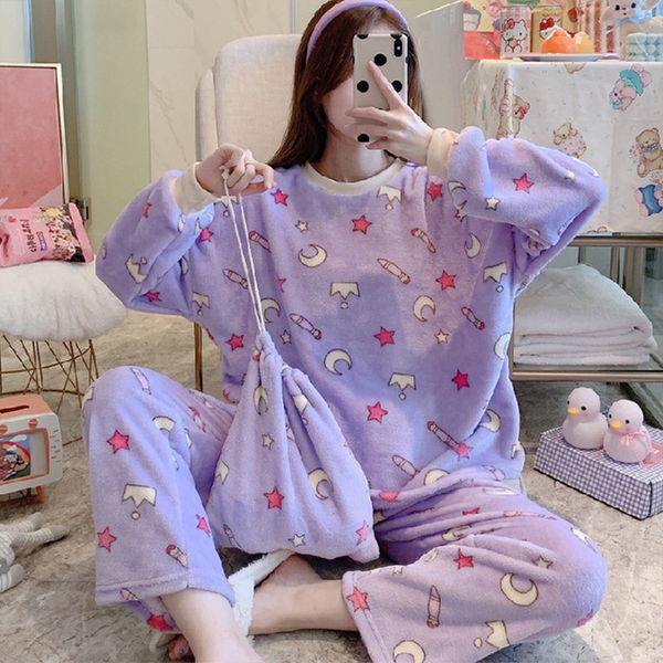

pajamas women 2020 long-sleeved flannel cartoon cute autumn and winter warmth thickening home service suit sailor moon sleepwear, Black;red