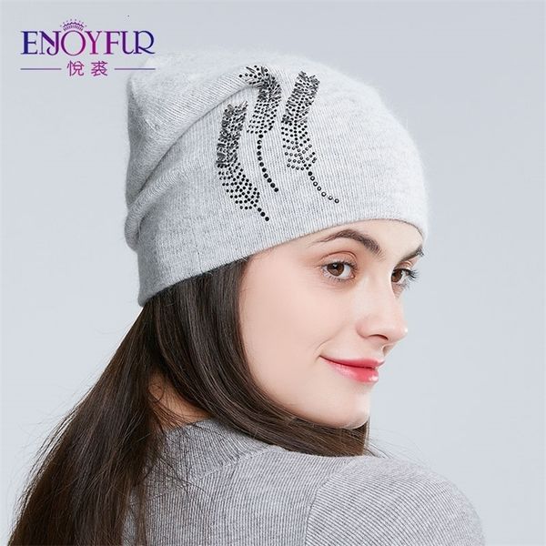 

enjoyfur women's winter hat warm thick soft rabbit hair beanie female wool knitted hats with rhinestone 201215, Blue;gray