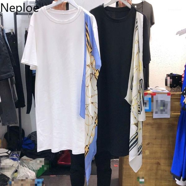 

neploe scarf patchwork dress women summer 2019 fashion o-neck short sleeve vestidos loose cotton long dresses 439791, White