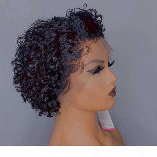 

180% pixie cut short curly wig 13*4 lace front human hair wigs brazilian remy blunt cut bob 360 wig preplucked with baby hair, Black;brown