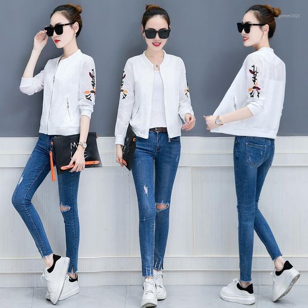 

women's jackets spring and autumn summer 2021 embroidered baseball suit white sunscreen thin jacket women casual korean short tide1, Black;brown