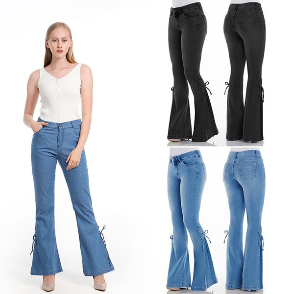 

women's jeans 2021 vintage flare midi waist woman bell bottom denim mom for ladies autumn and winter plus size blue jean pants