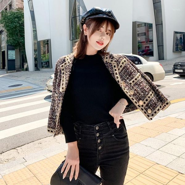 

small fragrance coat female 2020 autumn and winter new women's spring woven tweed slim ladies single-breasted jacket coats1, Black;brown