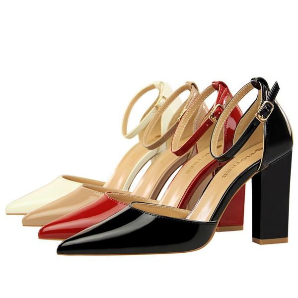 

2021 women pumps ankle strap fashion women shoes party wedding super square high heel pointed toe red ladies pumps size 34-43, Black