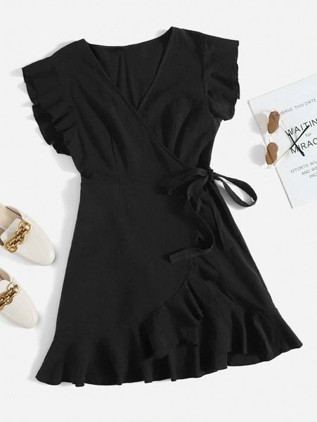 

plus ruffle trim tie side wrap dress 30fn#, Black