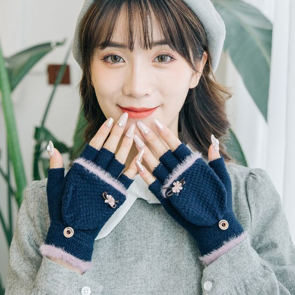 

new women winter knitted thicken warm wool flip girls soft elastic flocking half-finger gloves hot, Blue;gray