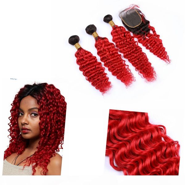 

ombre brazilian wave bundles with closure 4" * 4" dark root #1b #613 deep wave hair weave with closure, Black;brown