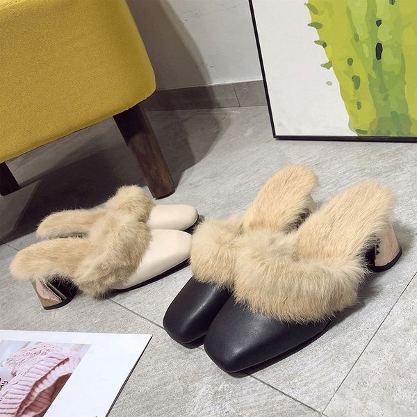 

winter ladies warm slippers plush slides fashionable high-heeled mules rabbit fur slippers elegant female mules brand sandals x1020, Black