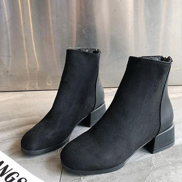 

women flock ankle boots low heels leather short botas autumn office fashion ladies zipper western boots woman shoe footwear 2020, Black