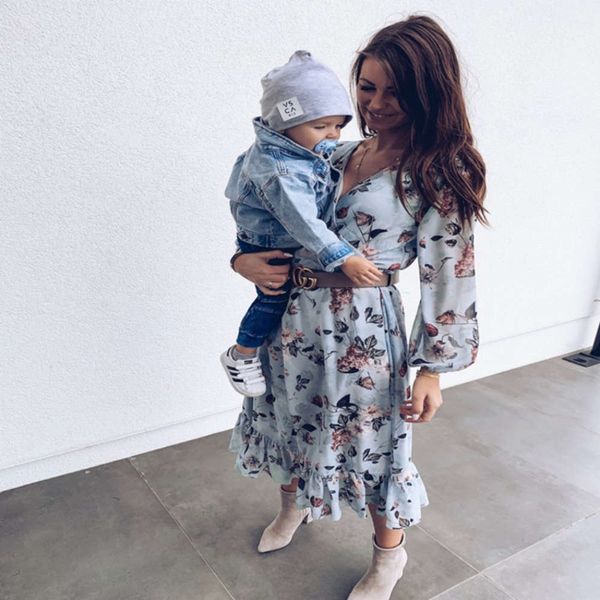 

spring 2020 women's v-neck printed drs long skirt, Black;gray