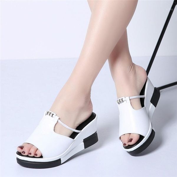 

slippers 2021 summer women flat platform slides sandals shoes slip on open toe white genuine leather wedge sandals1, Black