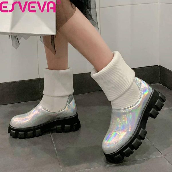 

boots esveva 2021 autumn winter square heel round toe slip on women shoes pu leather knitting platform ankle big size 34-43, Black