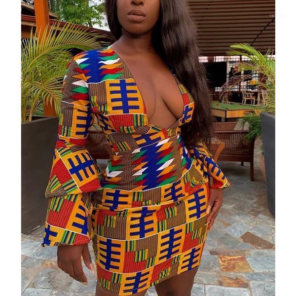 

ethnic clothing 2021 african dress women dashiki print dresses for plus size american v-neck long sleeves short vestido maxi1, Red
