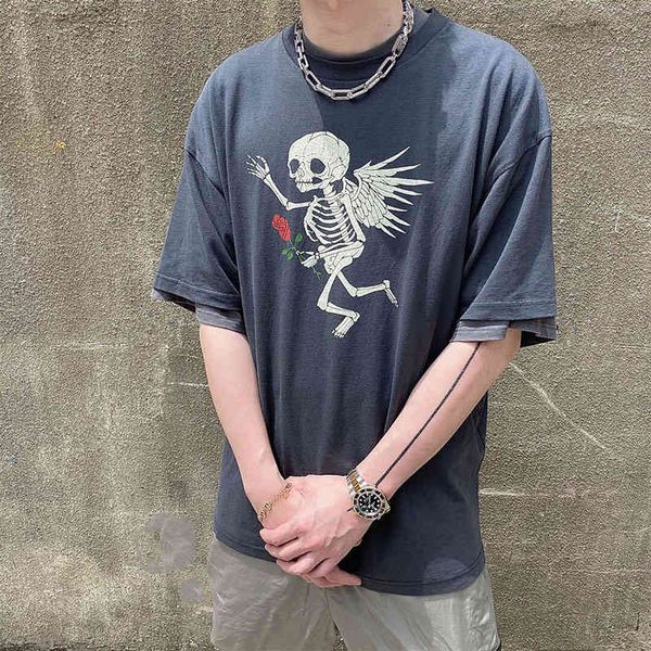 

men's t-shirts gary dept washed and made old angel skull print short sleeve high street round neck t-shirt, White;black