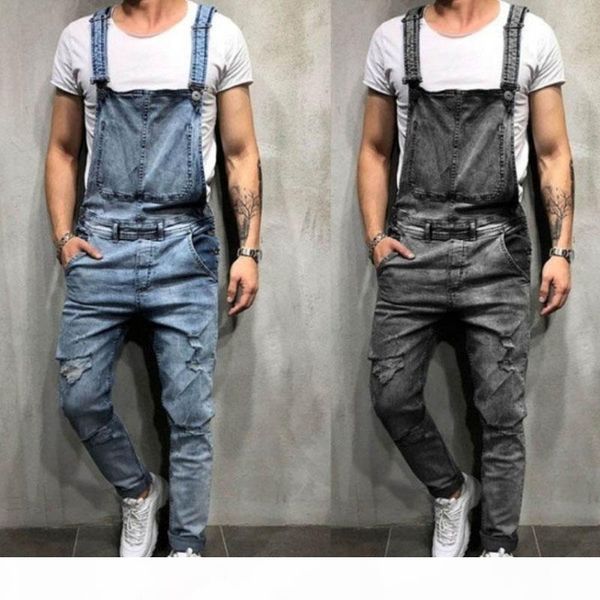 

fashion mens ripped jeans jumpsuits street stylist distressed hole denim bib overalls for men suspender pants size -xxl, Blue