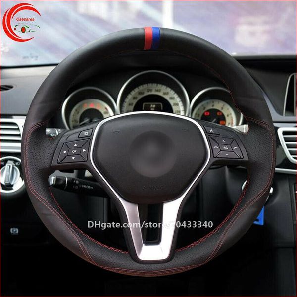 

hand-stitched black leather car steering wheel cover for benz a class b-class cl