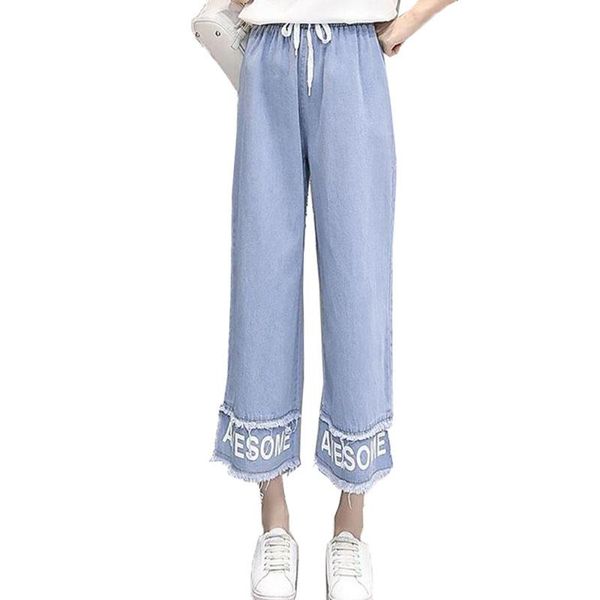 

thin jeans women's 2020 summer large size 5xl letter straight pants nine pants spring autumn cotton slim female b84, Blue